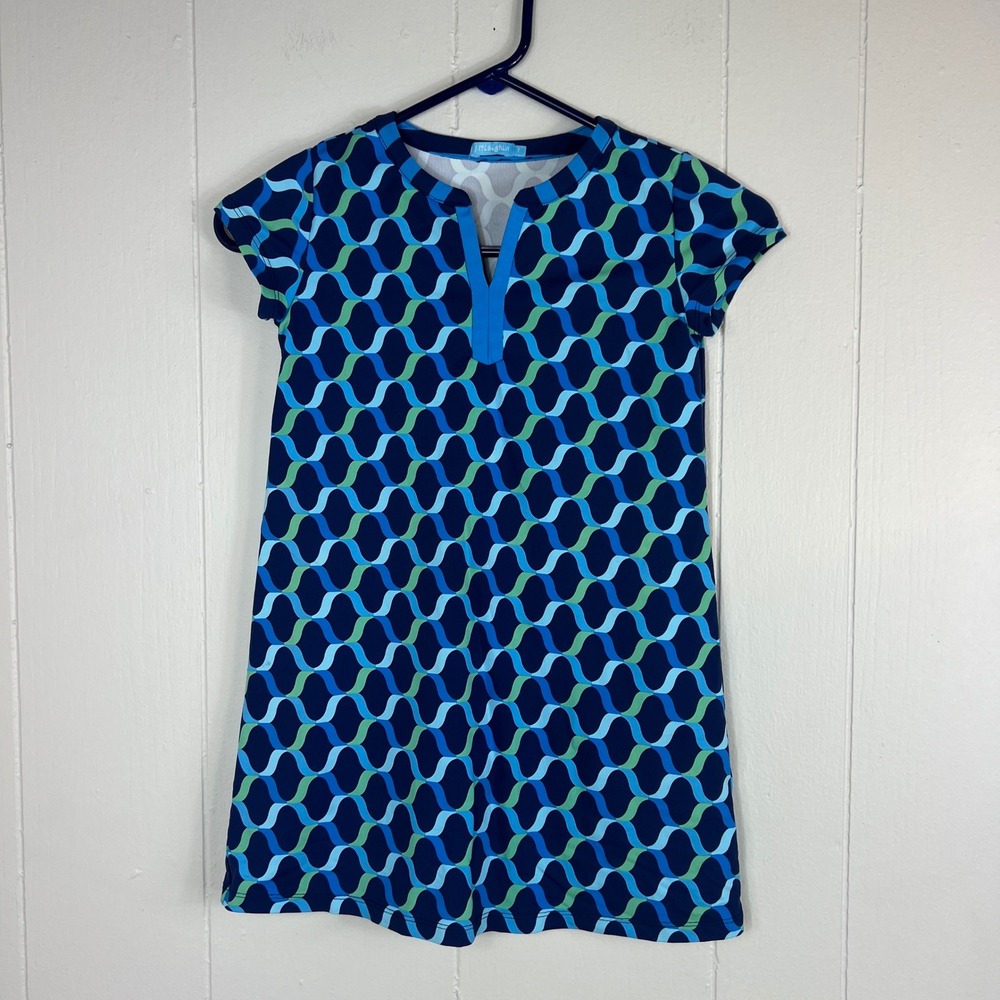 JMclaughlin‎ Girls Dress Size 7 Blue Green Wave Print Short Sleeve Casual